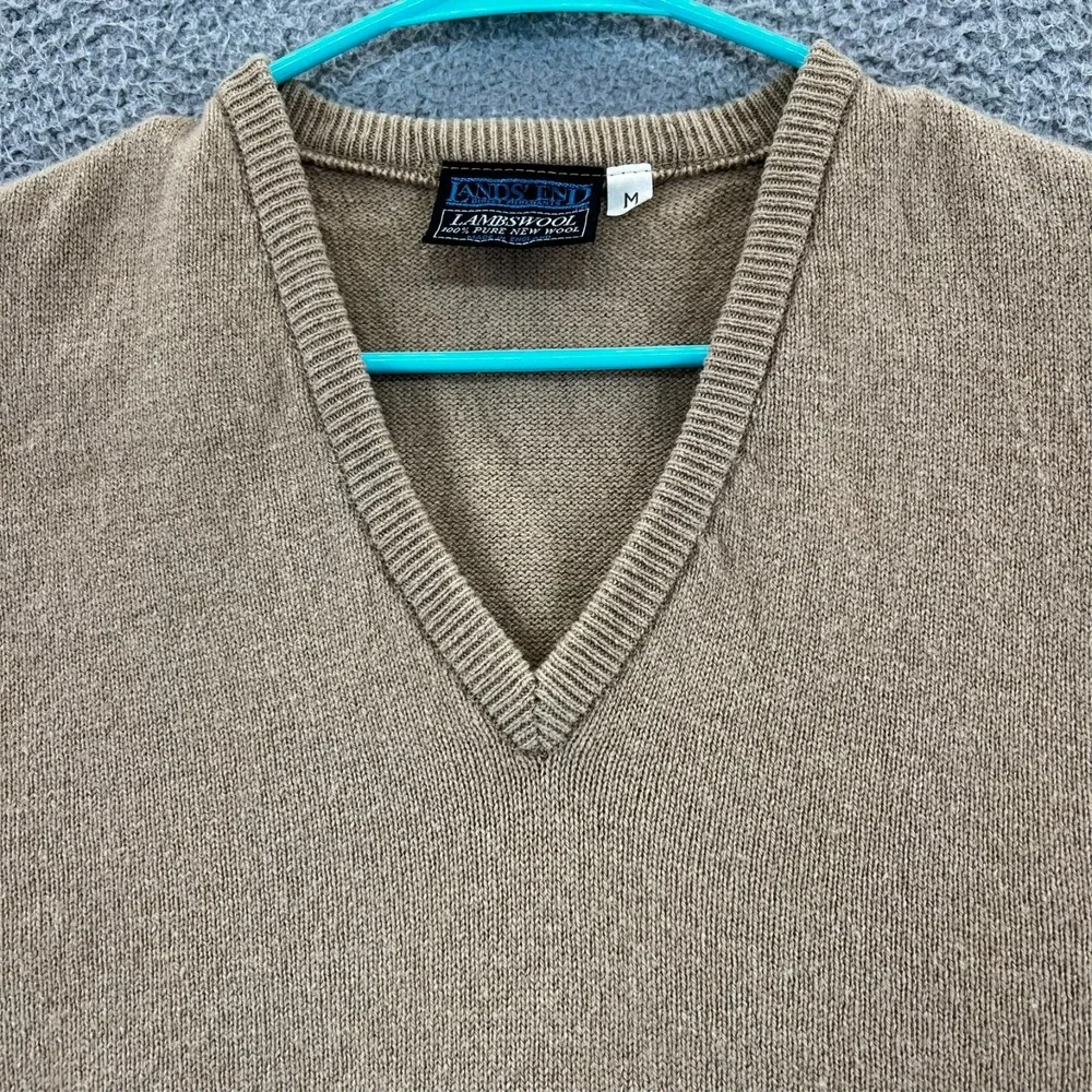 Vintage 90s‎ Lands End Sweater Vest Mens M Tan Beige Lambs Wool Made England